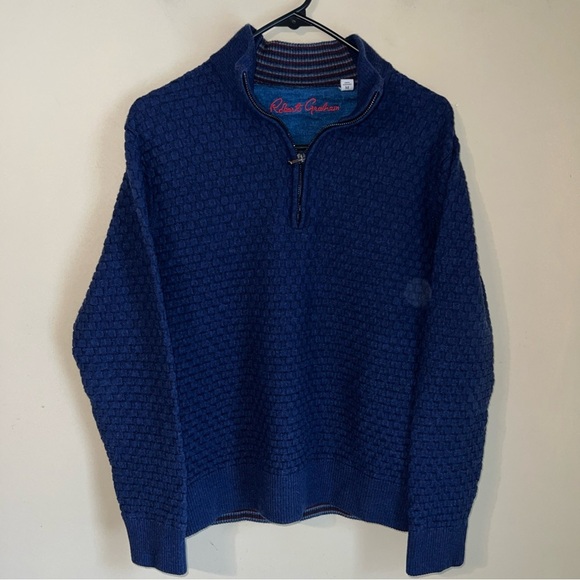 Robert Graham 100% Wool Quarter Zip Pullover Sweater Blue Navy Medium - Picture 1 of 4